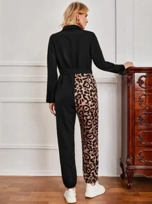 SHEIN 豹紋拼接腰帶連身褲 - 彩色 - 查看 2