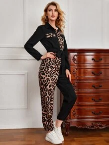 SHEIN 豹紋拼接腰帶連身褲 - 彩色 - 查看 3