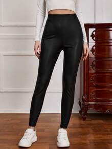 SHEIN High Waist PU Leather Trousers - Black - View 1