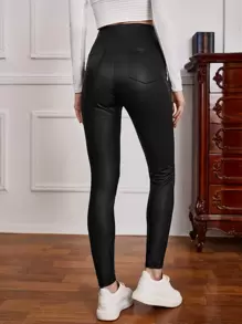 SHEIN High Waist PU Leather Trousers - Black - View 2