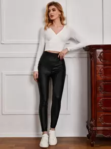 SHEIN High Waist PU Leather Trousers - Black - View 3