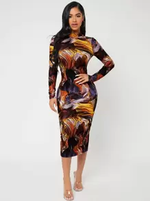 SHEIN SXY Allover Print Split Back Bodycon Dress - Multicolor - View 1