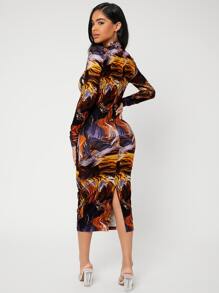 SHEIN SXY Allover Print Split Back Bodycon Dress - Multicolor - View 2
