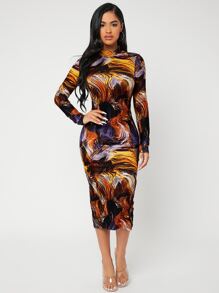 SHEIN SXY Allover Print Split Back Bodycon Dress - Multicolor - View 4