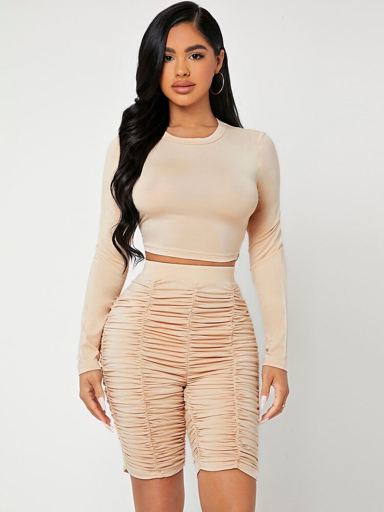 SHEIN SXY Solid Crop Top & Ruched Biker Shorts - Apricot - View 4