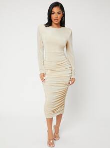 SHEIN SXY Đầm Xù màu trơn Thanh lịch - Màu be - Xem 3