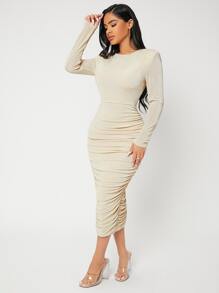 SHEIN SXY Đầm Xù màu trơn Thanh lịch - Màu be - Xem 4