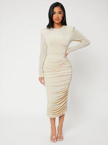 SHEIN SXY Đầm Xù màu trơn Thanh lịch - Màu be - Xem 5