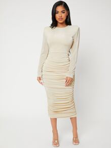 SHEIN SXY Đầm Xù màu trơn Thanh lịch - Màu be - Xem 6