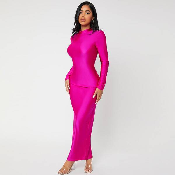 

Solid Mock Neck Split Back Dress, Hot pink