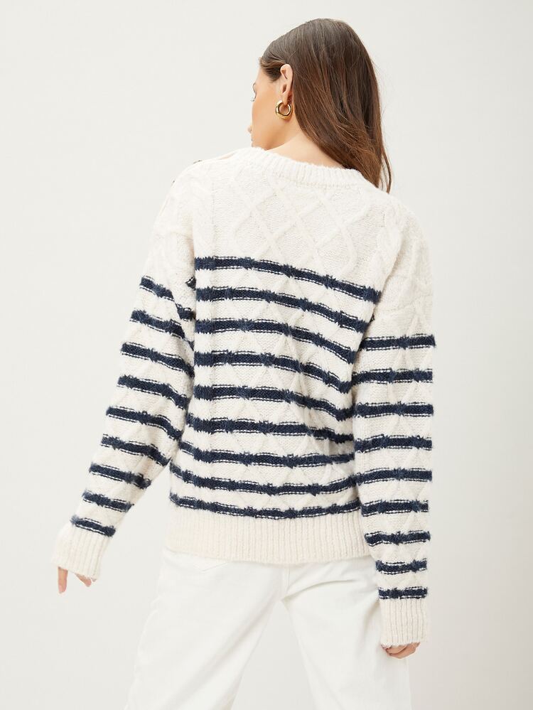 MOTF PREMIUM RELAXED FIT CABLE KNIT SWEATER - Blue and White - View 2