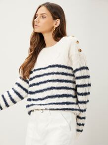 MOTF PREMIUM RELAXED FIT CABLE KNIT JUMPER - Blue and White - View 9