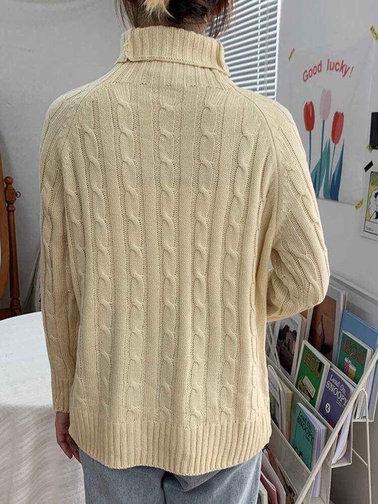Solid High Neck Raglan Sleeve Cable Knit Sweater - Apricot - View 2
