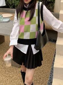 拼接邊棋盤格針織上衣 - 彩色 - 查看 4