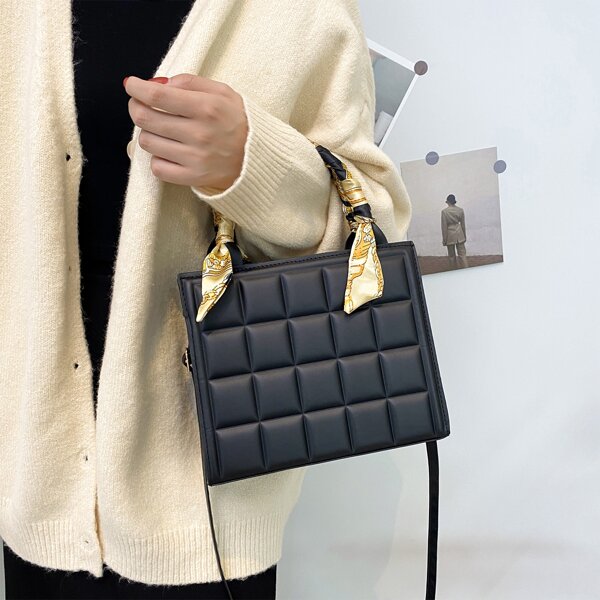 

Twilly Scarf Decor Textured Square Bag, Black