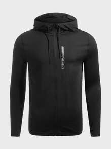 Fitness 男友风男式字母图案抽绳连帽运动夹克 - 黑色 - 查看 5