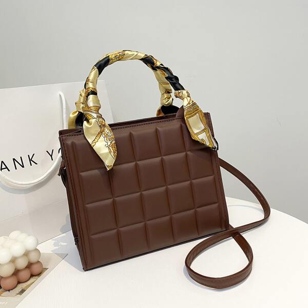 

Twilly Scarf Decor Textured Square Bag, Brown