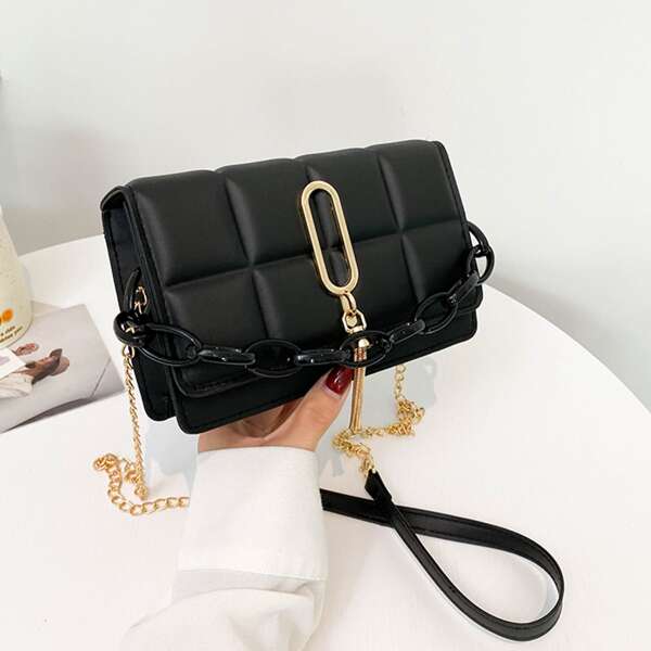 

Chain Decor Textured Flap Square Bag, Black