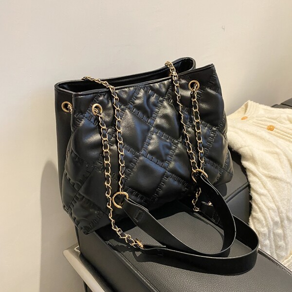 

Minimalist Stitch Detail Chain Shoulder Bag, Black