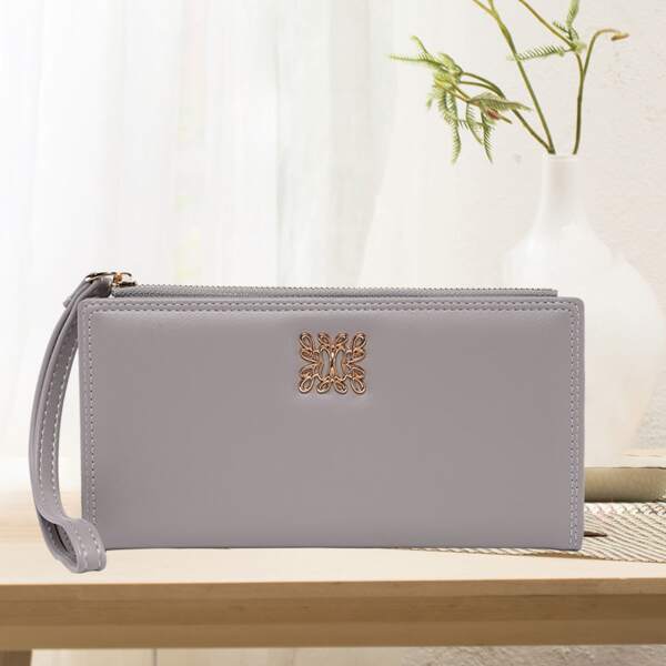 

Metal Patch Zipper Long Wallet, Grey