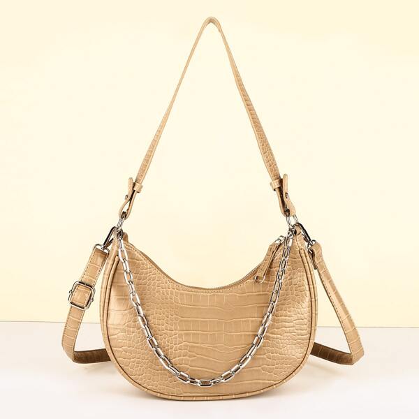 

Metallic Crocodile Embossed Baguette Bag, Khaki