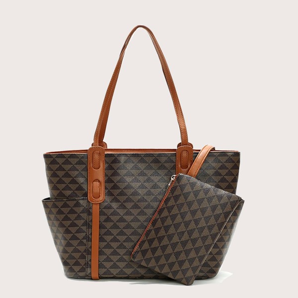 

Geometric Pattern Shoulder Tote Bag With Clutch Bag, Multicolor