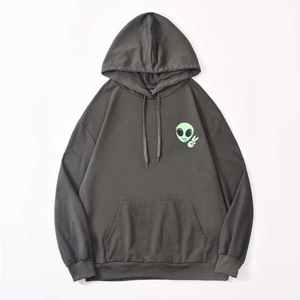 

Alien Print Kangaroo Pocket Drawstring Hoodie, Dark grey