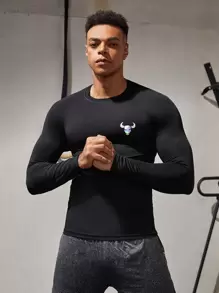 Fitness Boyfriend Style Men High Stretch Bull Print Sports Tee Workout Tops - Black - View 1