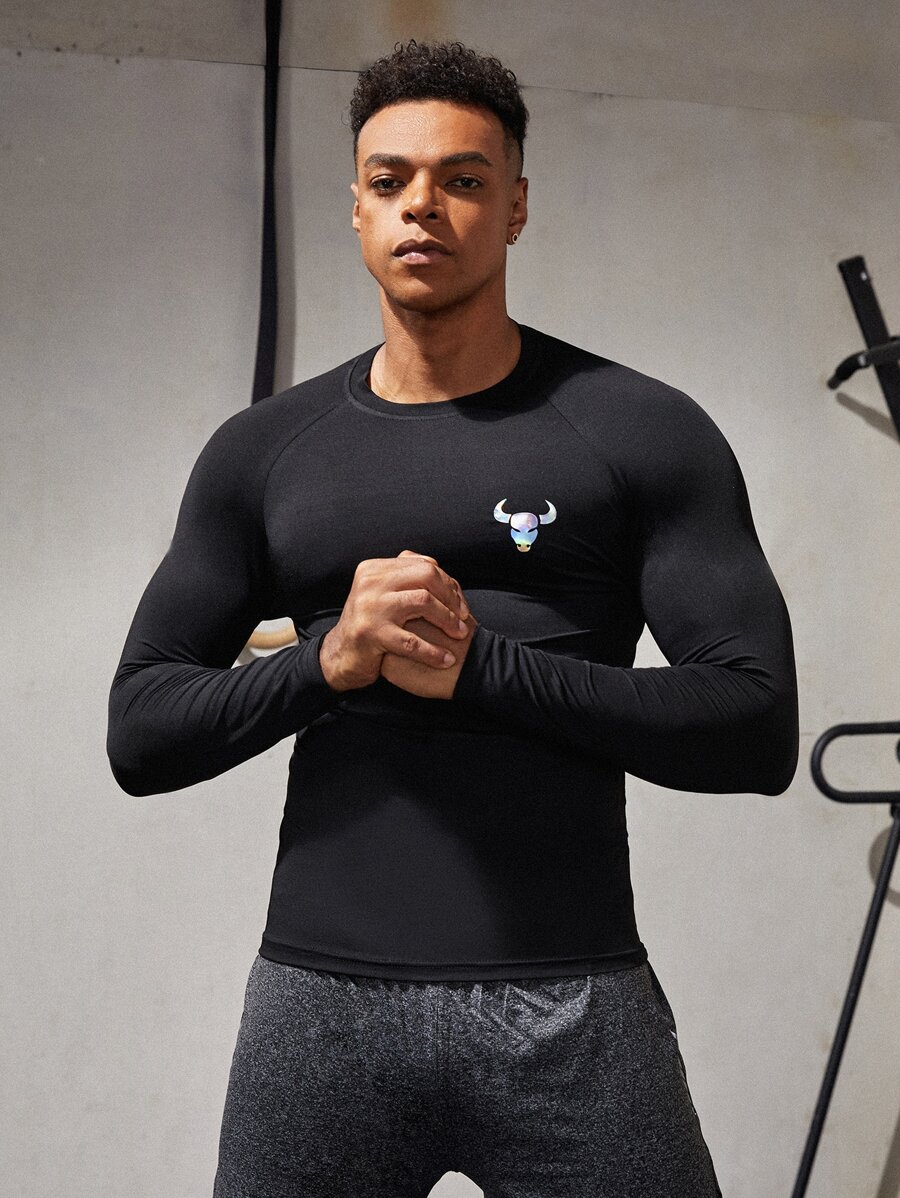 Fitness Boyfriend Style Men High Stretch Bull Print Sports Tee Workout Tops - Black - View 1