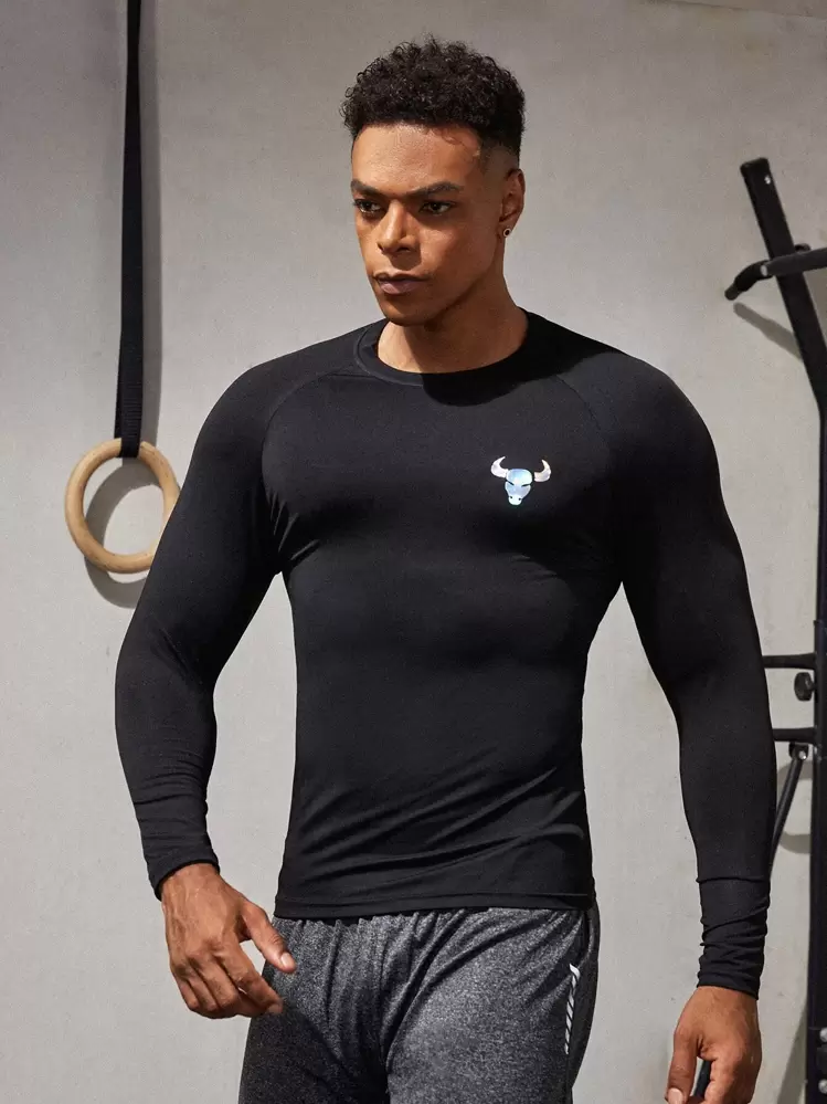Fitness Boyfriend Style Men High Stretch Bull Print Sports Tee Workout Tops - Black - View 3