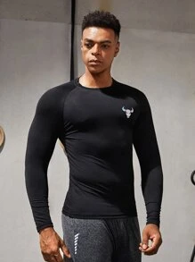 Fitness Boyfriend Style Men High Stretch Bull Print Sports Tee Workout Tops - Black - View 4