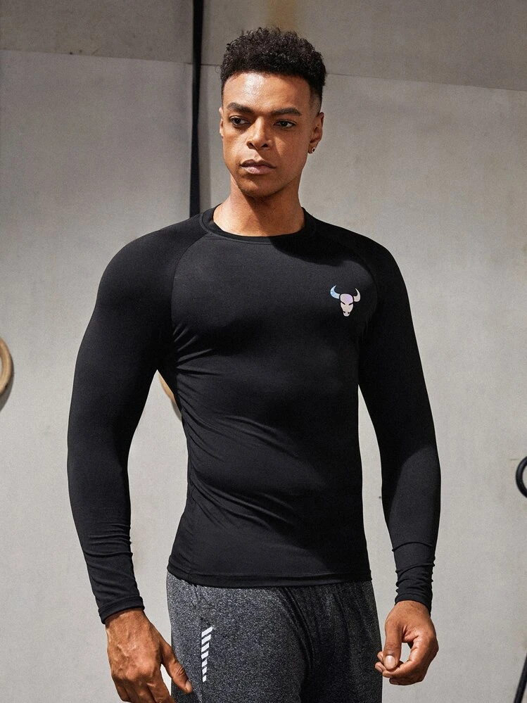 Fitness Boyfriend Style Men High Stretch Bull Print Sports Tee Workout Tops - Black - View 4