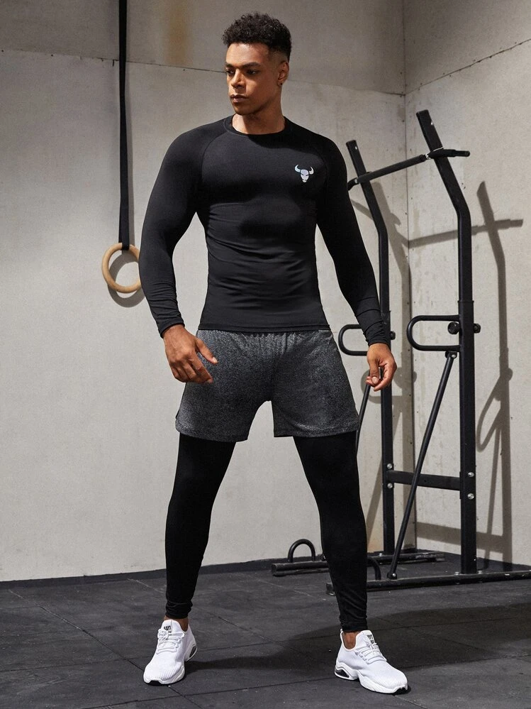 Fitness Boyfriend Style Men High Stretch Bull Print Sports Tee Workout Tops - Black - View 5