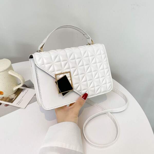 

Metal Decor Chain Flap Square Bag, White