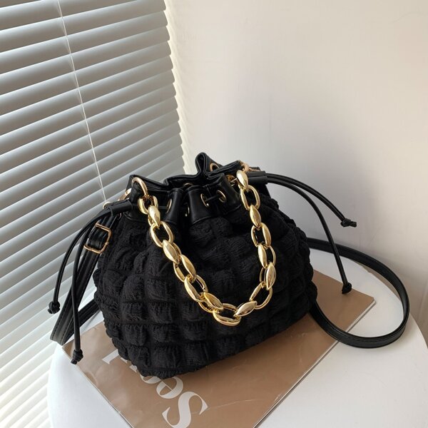 

Drawstring Design Textured Chain Bucket Bag, Black