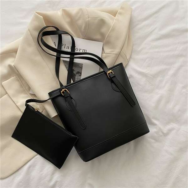 

Minimalist Textured Shoulder Tote Bag With Clutch Bag, Black