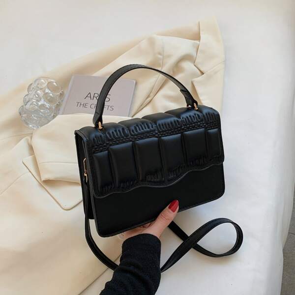 

Embossed Decor Flap Square Bag, Black