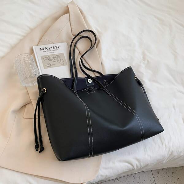 

Large Capacity Stitch Detail Shoulder Tote Bag, Black