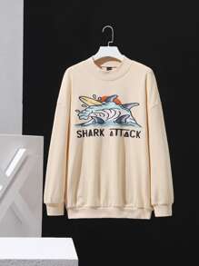Shortnsply Drop Shoulder Shark & Letter Pattern Pullover - Apricot - View 1