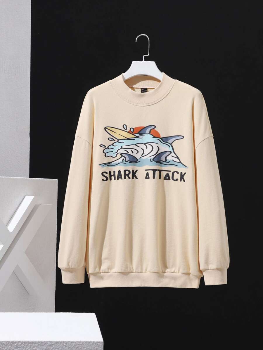 Shortnsply Drop Shoulder Shark & Letter Pattern Pullover - Apricot - View 1