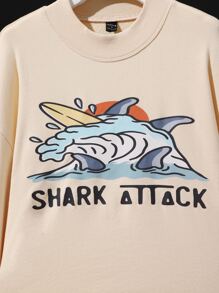Shortnsply Drop Shoulder Shark & Letter Pattern Pullover - Apricot - View 4