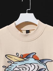 Shortnsply Drop Shoulder Shark & Letter Pattern Pullover - Apricot - View 5