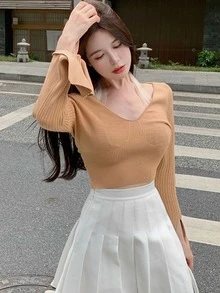 Jersey de malla en contraste de manga con abertura halter - Naranja - Ver 1