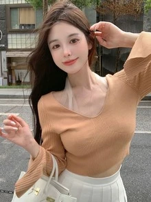 Jersey de malla en contraste de manga con abertura halter - Naranja - Ver 3