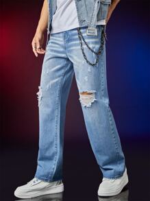 Manfinity Hombres Jeans rotos de pierna recta con lavado - Lavado ligero - Ver 1