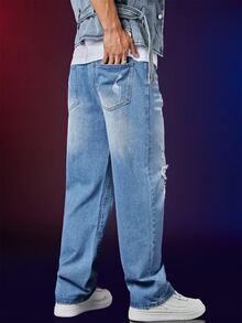 Manfinity Hombres Jeans rotos de pierna recta con lavado - Lavado ligero - Ver 2