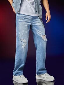 Manfinity Hombres Jeans rotos de pierna recta con lavado - Lavado ligero - Ver 3