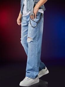 Manfinity Hombres Jeans rotos de pierna recta con lavado - Lavado ligero - Ver 4