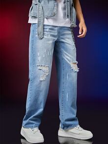 Manfinity Hombres Jeans rotos de pierna recta con lavado - Lavado ligero - Ver 5