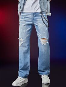 Manfinity Hombres Jeans rotos de pierna recta con lavado - Lavado ligero - Ver 6